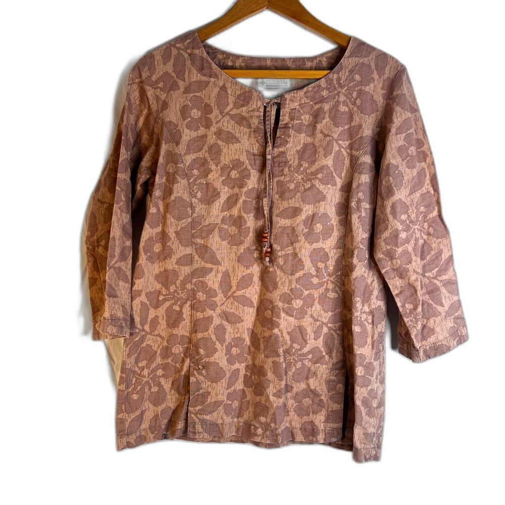 Columbia Brown Leaf Floral Print Linen Blend Tie Neck Casual Shirt Size‎ Medium
